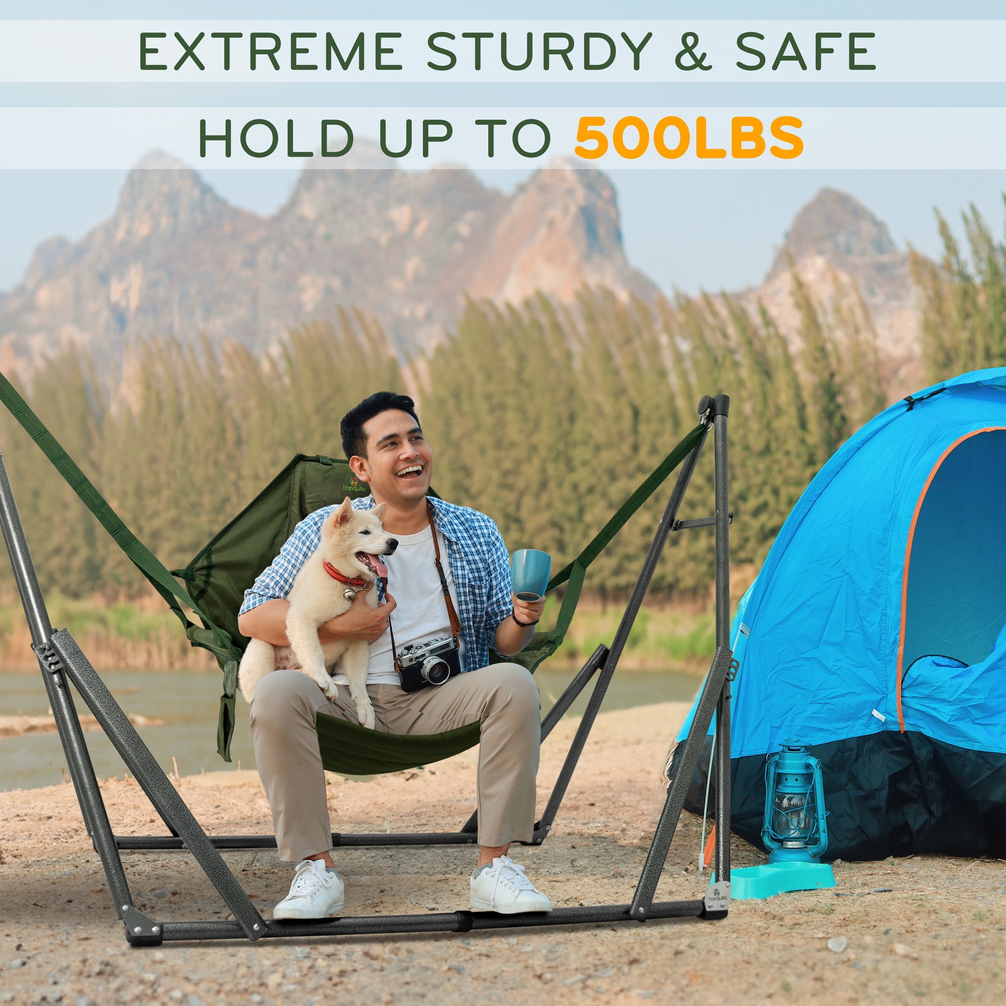 Tranquillo 2 in 1 Hammock and Swinging Chair with Collapsible Steel Stand & Carrying Case, Portable & Adjustable, 30s Set Up for Outdoor, Indoor, Porch Swing, Patio, Garden, Camping Trip, Green