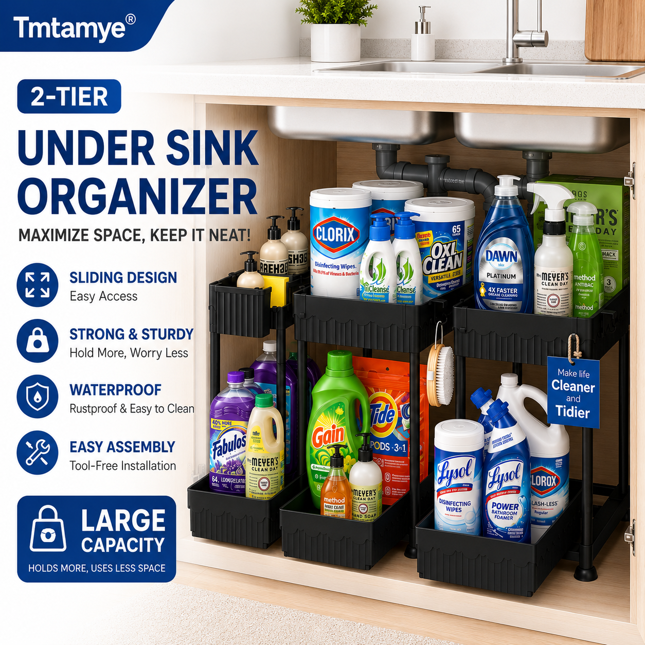 Tmtamye Under Sink Organizer, 2-Tier Pull-Out Drawers, 3-Pack, Black photo 4