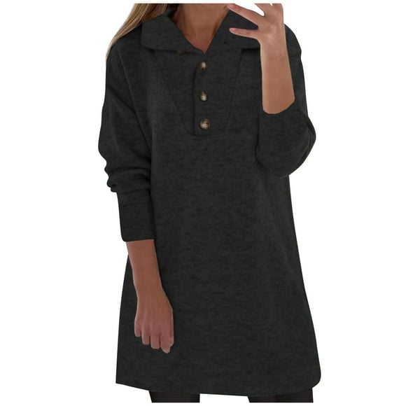 CEHVOM Fashion Women Sexy Casual Button V-Neck Solid Long Leeve Mini Dress Sale