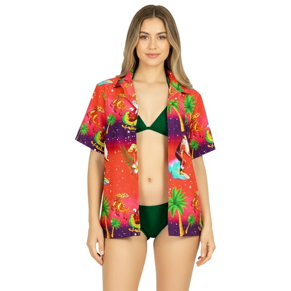 HAPPY BAY Women's Beach Funny Santa Claus Party Blouse Shirt Tops Flamingo Shirts Button Down Hawaiian Christmas Tree Shirt for Women M Santa Surf, Pink
