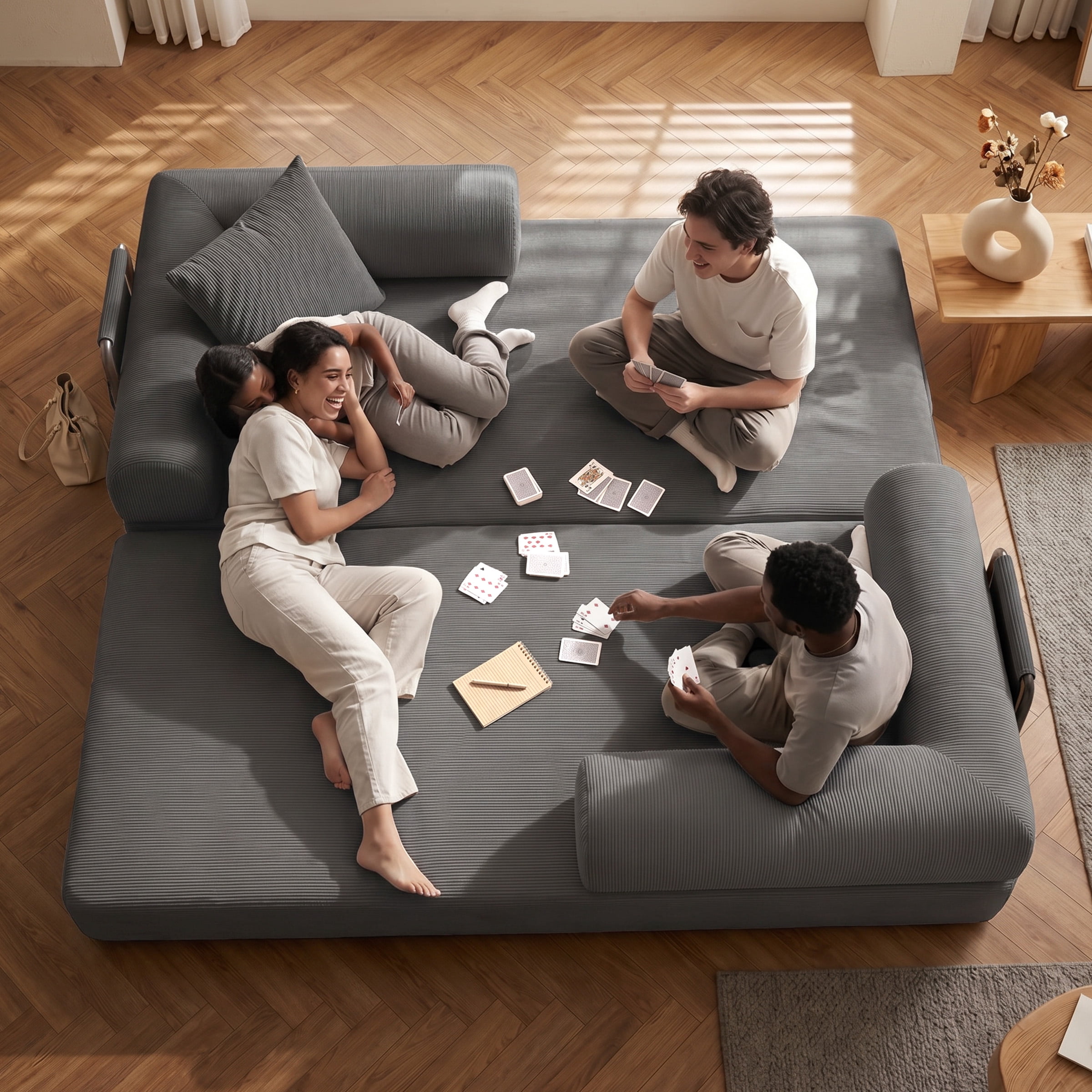 Modular Sectional Sofa Couch with Two Storage Bag, Plush Corduroy Upholstered Couch, Modern Sleeper Couches for Living Room, No Assembly Required, Gray