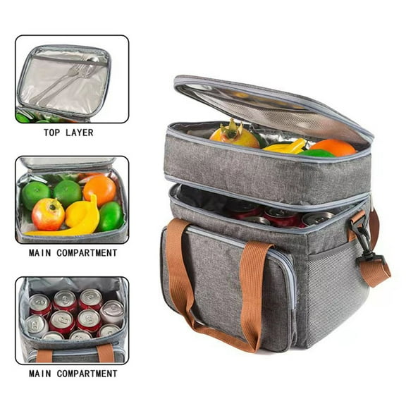 Bxaolu Lunch Box for Men, Women Double Deck Heavy Duty Large Insulated Lunch Bag Durable Cooler Bag With Shoulder Strap for Adults Work Picnic Road Trip (Gray)