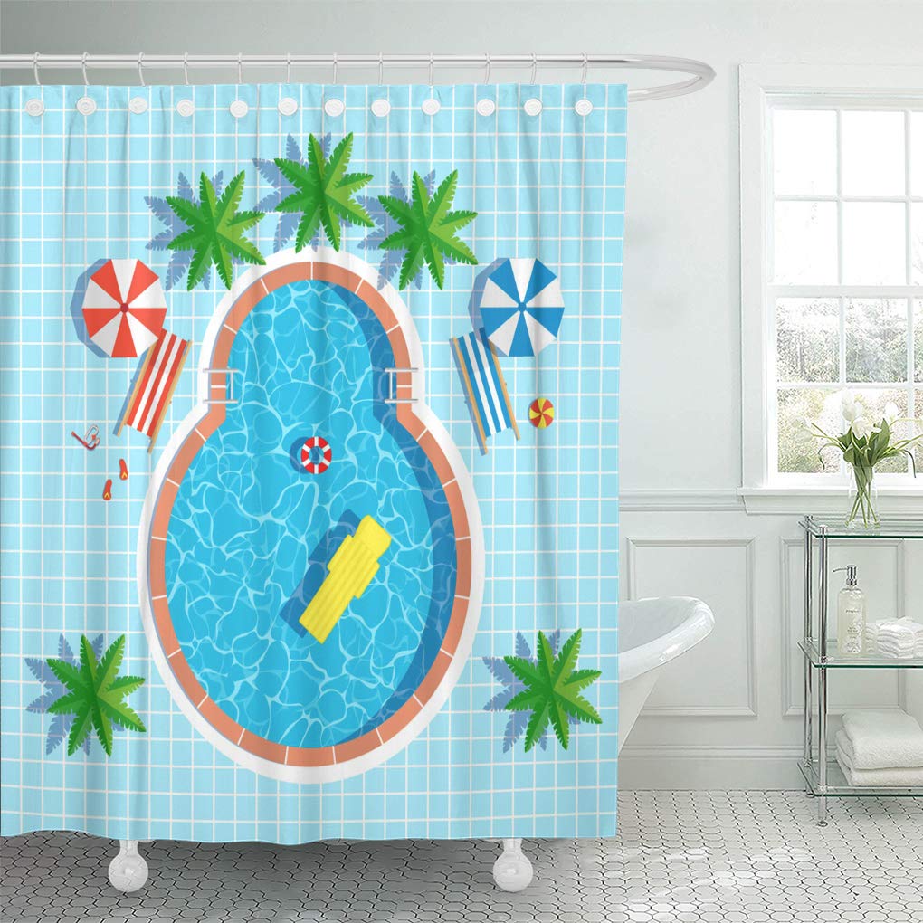 SUTTOM Blue Beach Swimming Pool Top View Umbrellas Palm Trees Shower