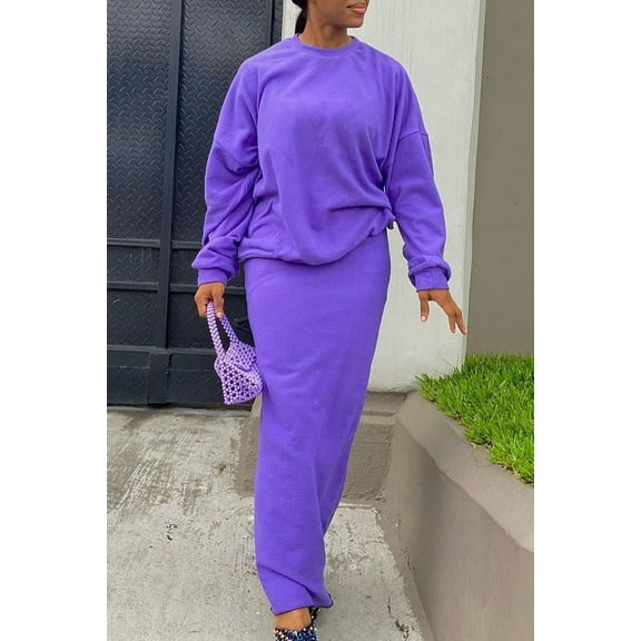 Casual Round Neck Sweatshirt Skirt Set (S, Purple)