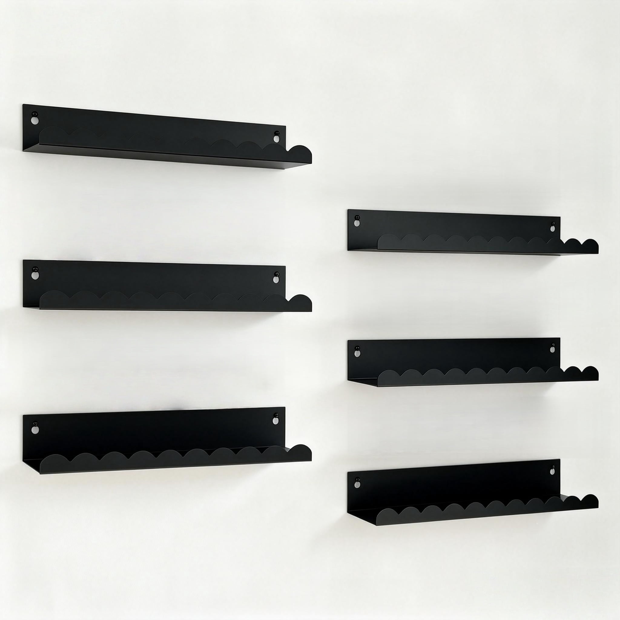 6-Piece Black Metal Floating Shelves, 16" Modern Wall  Nursery Bookshelf Display Organizer for Living Room, Office, Bathroom, Bedroom, Kid's Playroom Wall Decor