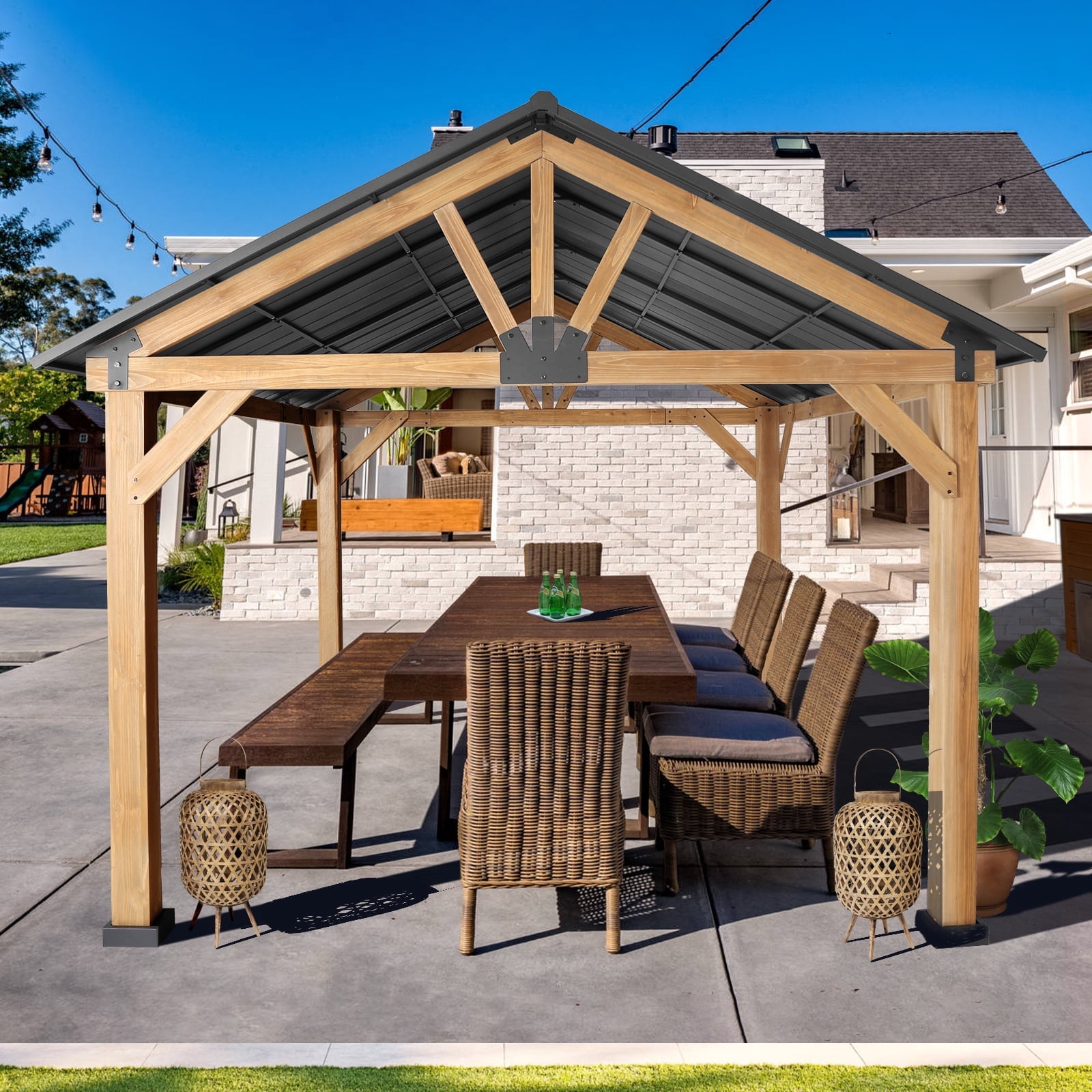 MeetLeisure 11' x 13' Cedar Solid Wood Patio Hardtop Gazebo with Black Steel Gable Roof for Patios Lawn and Backyard,Black