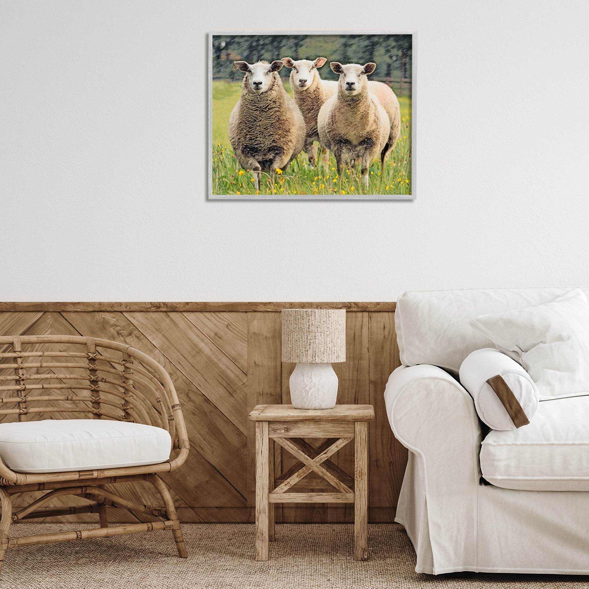 Stupell Industries Sheep Grazing in Grass Animals & Insects Painting Gray Framed Art Print Wall Art, 30 x 24