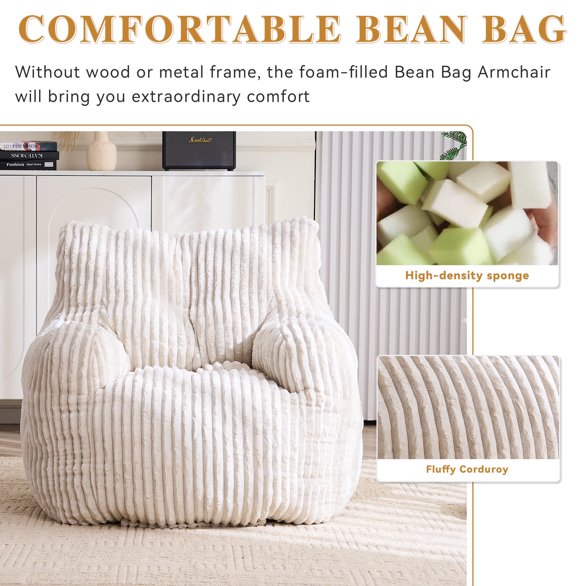 Bean Bag Chair with Filling BeanBag for Adults with Armrest Comfy Corduroy Fabric Lounge Lazy Floor Chair with Memory Foam Filler Fluffy Bean Bag for Dorm Living Room Bedroom Beige