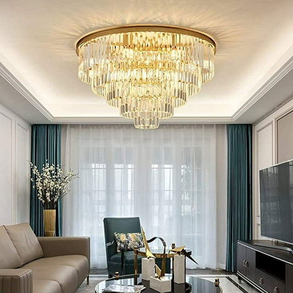 KPIBEST 31.5 Inch Modern Semi Flush Crystal Ceiling Chandelier with 10 E14 Lamps, Gold Finish Decorative Pendant Ceiling Lights for Living Room Bedroom Restaurant