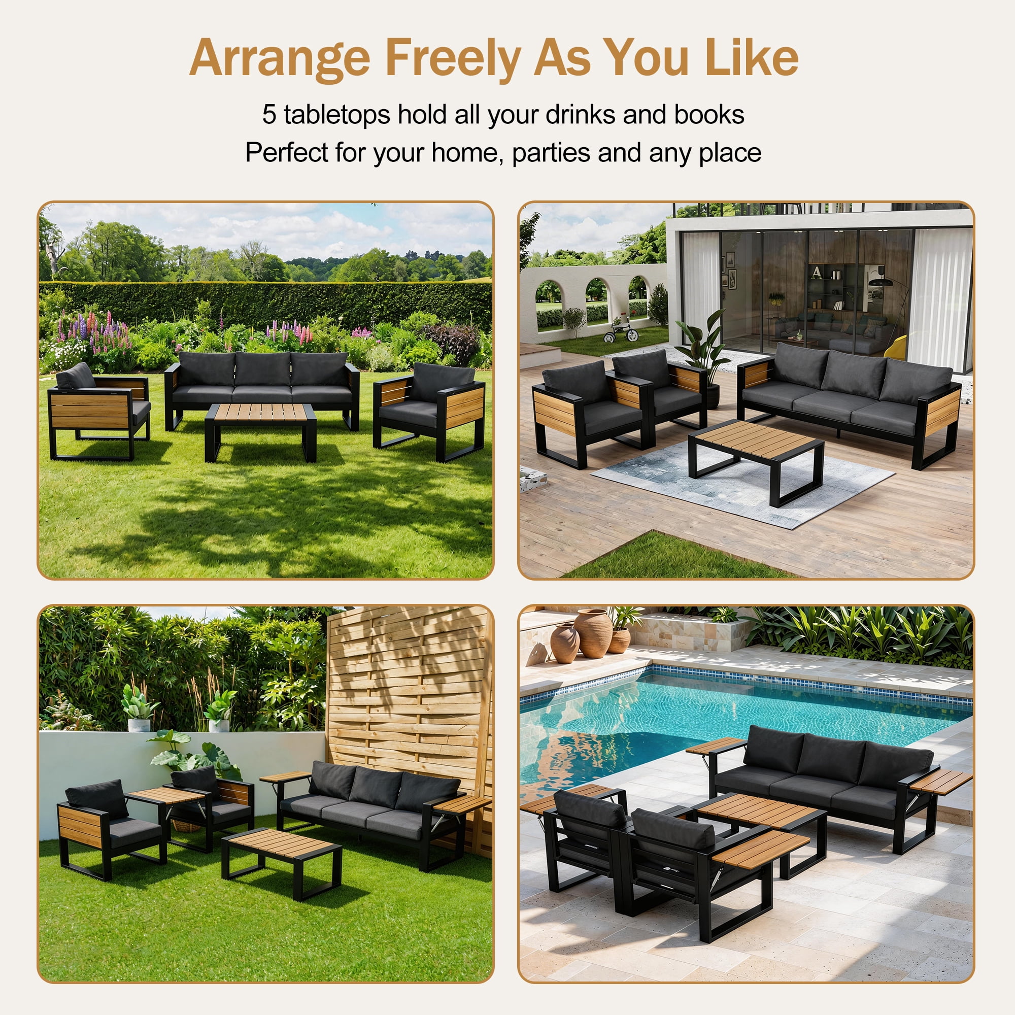 Mintazer 4 Piece Aluminum Outdoor Conversation Set with Tables & Sofa and 2 Armchairs, Modern Patio Furniture Set with Cushions for Patio Garden Balcony Backyard, Grey & Natural