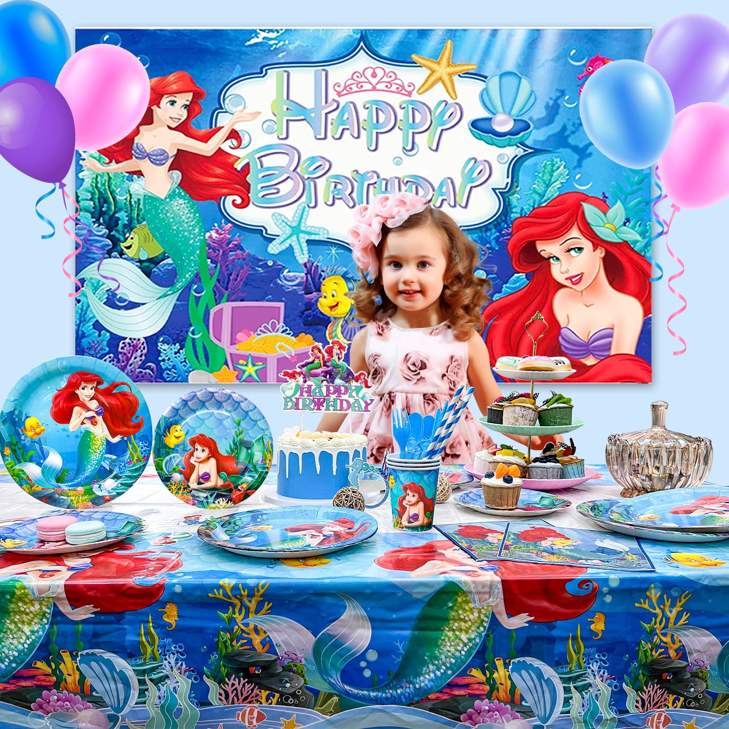 Little Mermaid Birthday Party Supplies,185pcs Little Mermaid Party Decorations&Tableware Set-Little Mermaid Party Plates and Napkins Backdrop etc