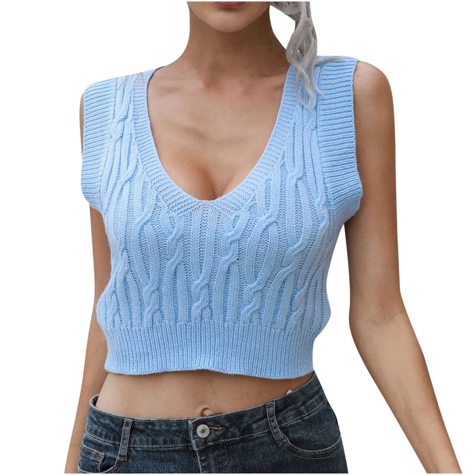 VSSSJ Womens Sleeveless Casual Sexy Cropped Sweater Vest V