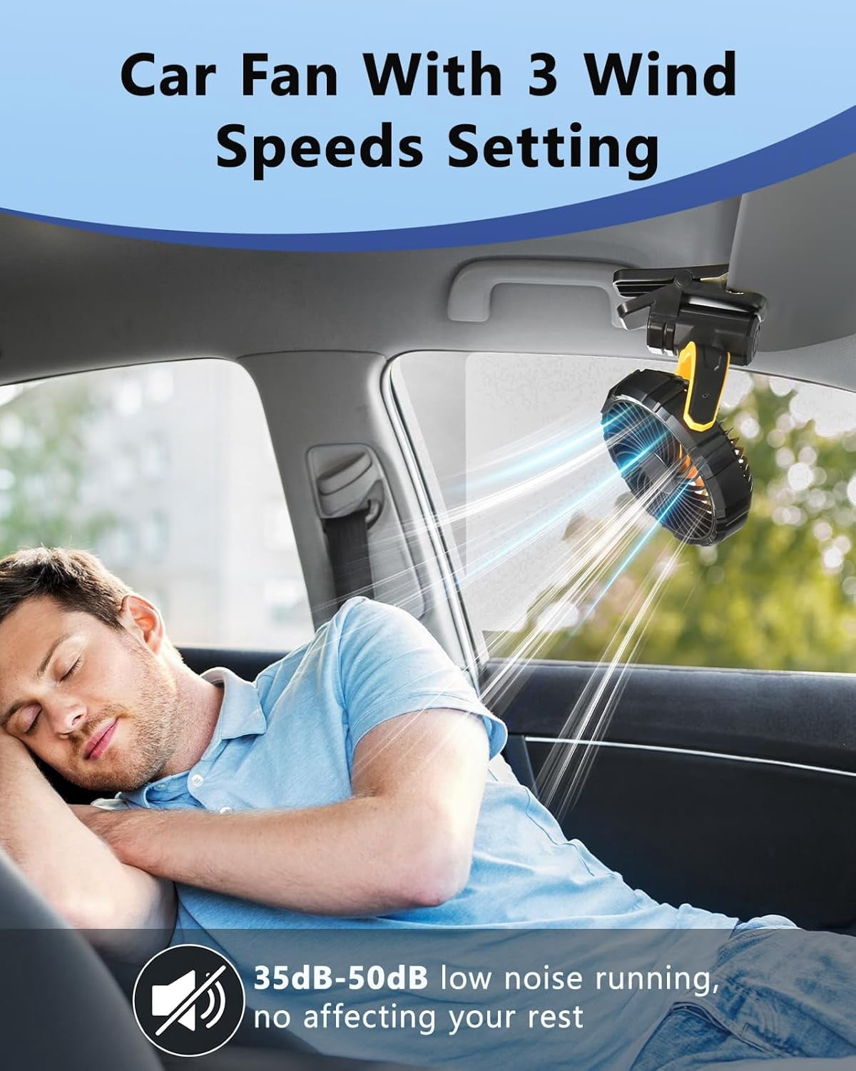 Battery Powered Clip On Fan for Car Visor Back Seat Roof Handles, Portable Car Fan Rechargeable for SUV Van RV Pickup Truck Camping Desk Bed Stroller Baby Crib, Quiet 360 Rotation(Yellow)
