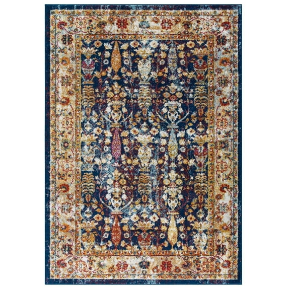 Modway Entourage Jessa Distressed Vintage Floral Lattice 5x8 Area Rug in Blue, Orange, Yellow, Red
