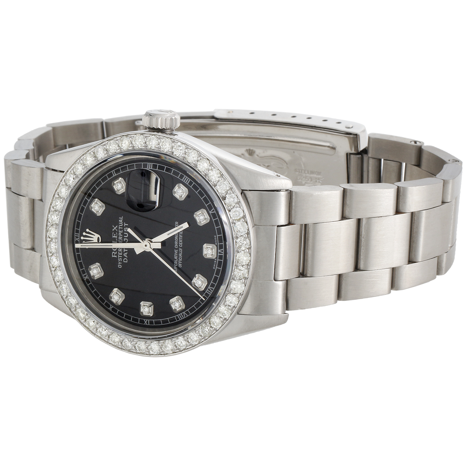 Mens Rolex 36mm DateJust Diamond Watch Oyster Steel Band Custom Black Dial 2 CT. - PreOwned - image 4 of 10
