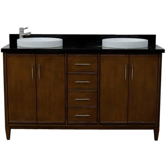 MCM 61" Double Round Sink Vanity with Black Granite Stone in Walnut