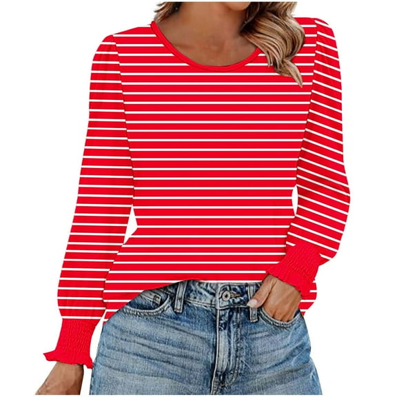 Sexlip Women Cotton Striped Long Sleeve Tee Casual Crew Neck Tops for Spring and Daily Wear Red L