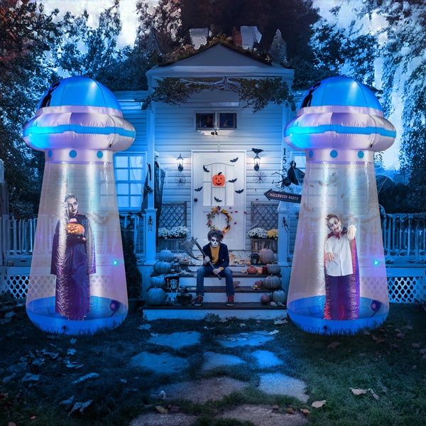 8.8FT Halloween Inflatable UFO Yard Decoration, Interactive Stand-In Design, LED Lights, Waterproof Polyester, Stakes/Ropes Included