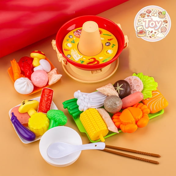 Hot Pot Simulation Play Food Set with Fake Vegetables, Seafood & Tableware, Cooking Pretend Play Toys, Food Role Play Kit, Christmas Birthday Gifts, Toys for Toddler Baby Kids Boys Girls, Age 3