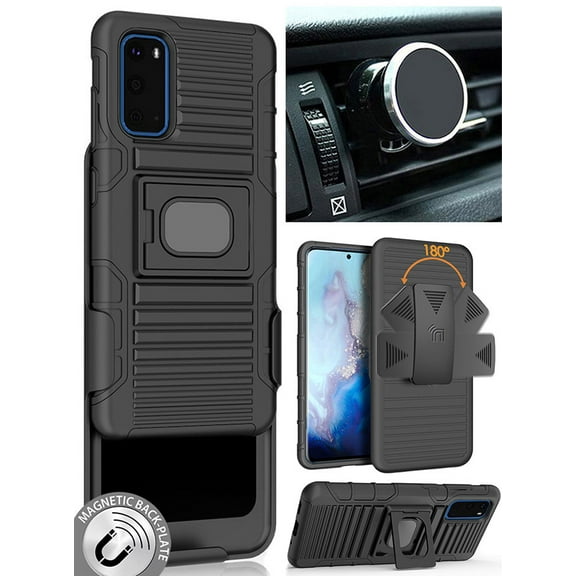 Case/Mount/Clip for Galaxy S20, Nakedcellphone Black Ring Grip [Rugged Cover with Stand] and [Belt Hip Holster] and [Magnetic Car Holder] for Samsung Galaxy S20