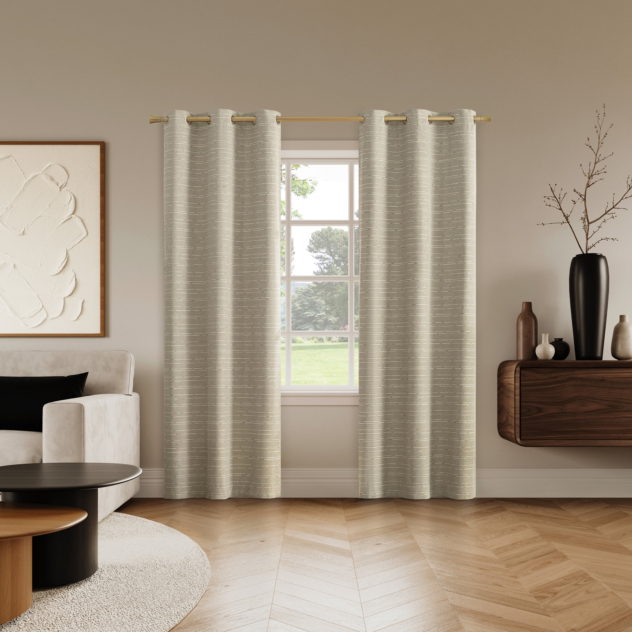 Sun Zero Dresden 2-pack Slub Detail Magnetic Closure 100% Blackout Grommet Curtain Panel Pair, 37"W x 84"L, Natural