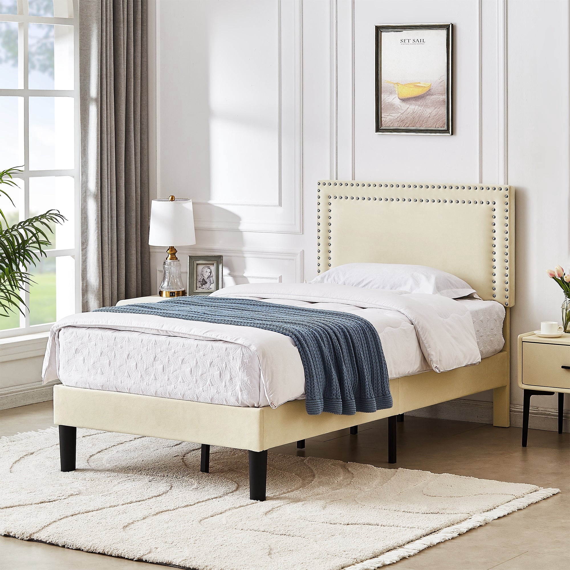 Katkuca Twin Bed Frame, Upholstered Queen Size Platform Bed Frame with Adjustable Headboard, Strong Wood Slat Support, No Box Spring Needed, Beige