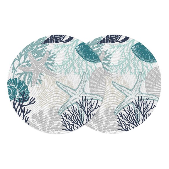 Round Placemats Ocean Coastal 15 inch Set of 2 Table Mats for Dining Table Beach GrayShells Teal Starfish Conch Corals Heat Resistant Non-Slip Kitchen & Home Decorative Place Mat Set