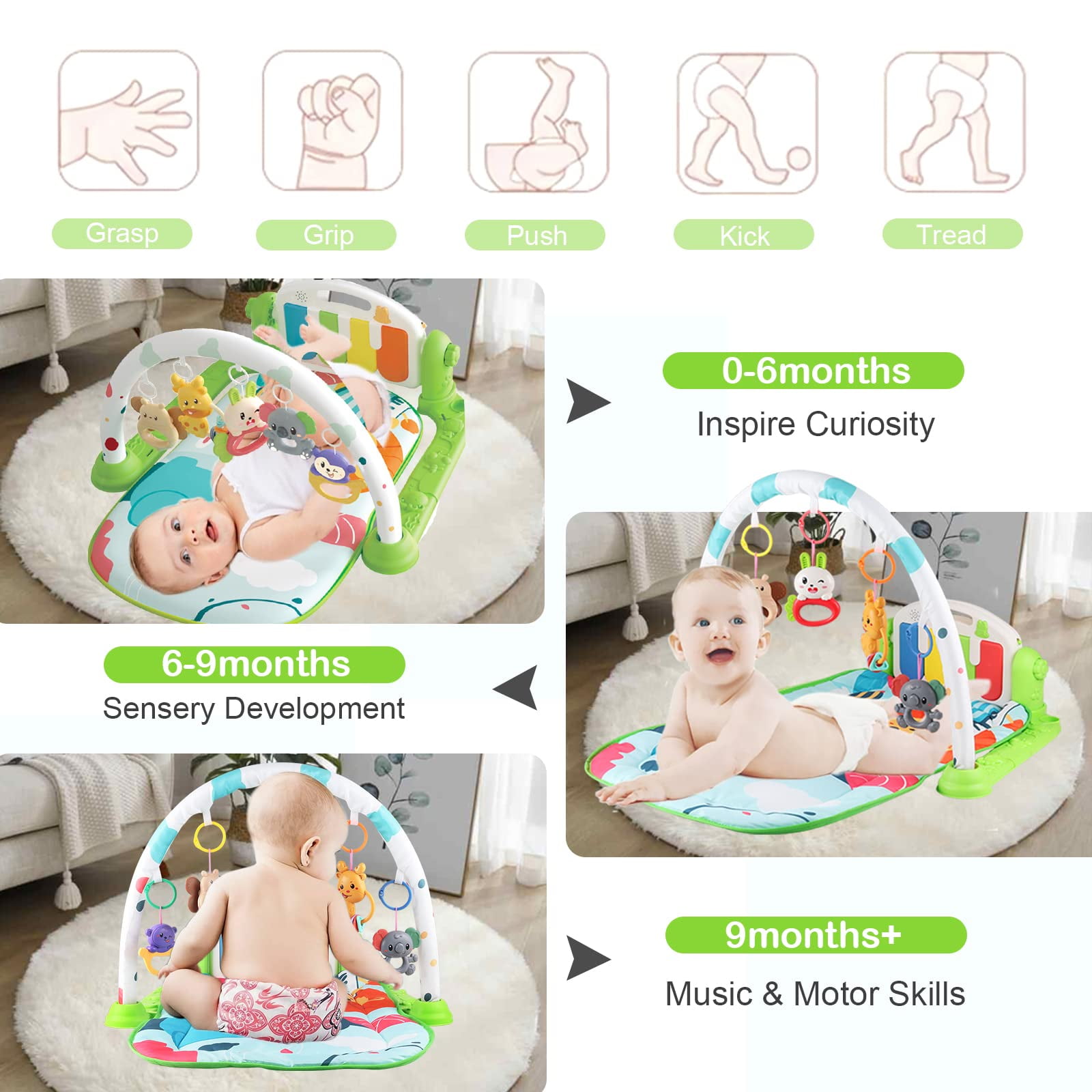 HAOUUCYIN Baby Play Mat, 3 in 1 Baby Activity Play Mat Infant Play Gym Kids Musical Play Crawling Mat, Green