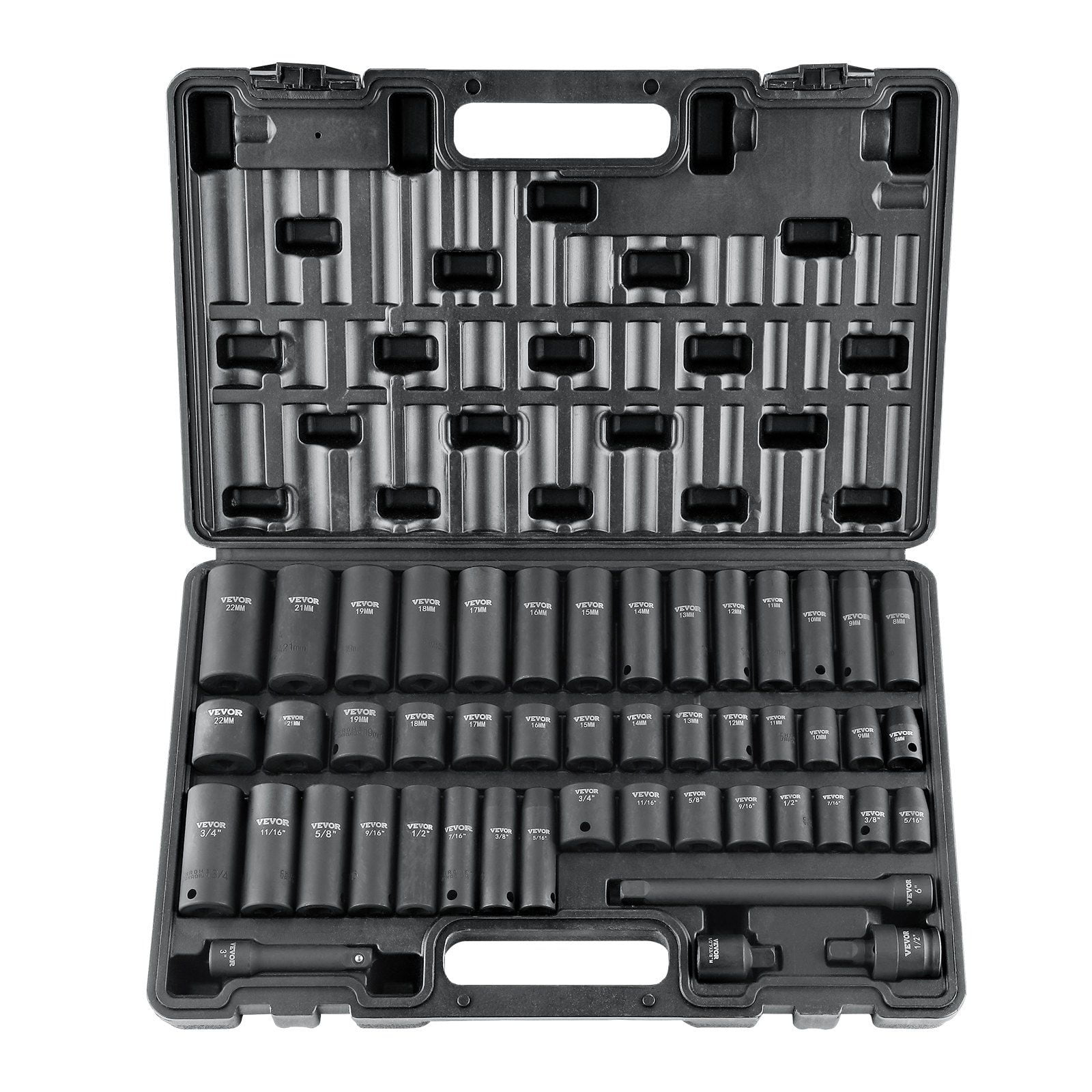48-Piece Impact Socket Set 3/8" Drive, 6-Point SAE (5/16"-3/4") & Metric (8mm-22mm) Sockets w/ Extender & Universal Joint, Heavy-Duty Case