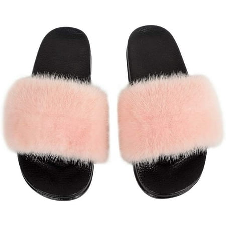 

Women s Fur Slides Fluffy Fur Lovely Slipper Rubber Flat Non-Slip Casual Slippers for Ladies Multicolor