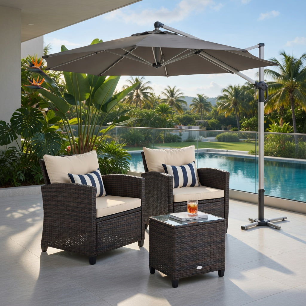 Hommoo 3-Piece Outdoor Rattan Patio Furniture Set with Cushions & Tempered Glass Coffee Table, Beige