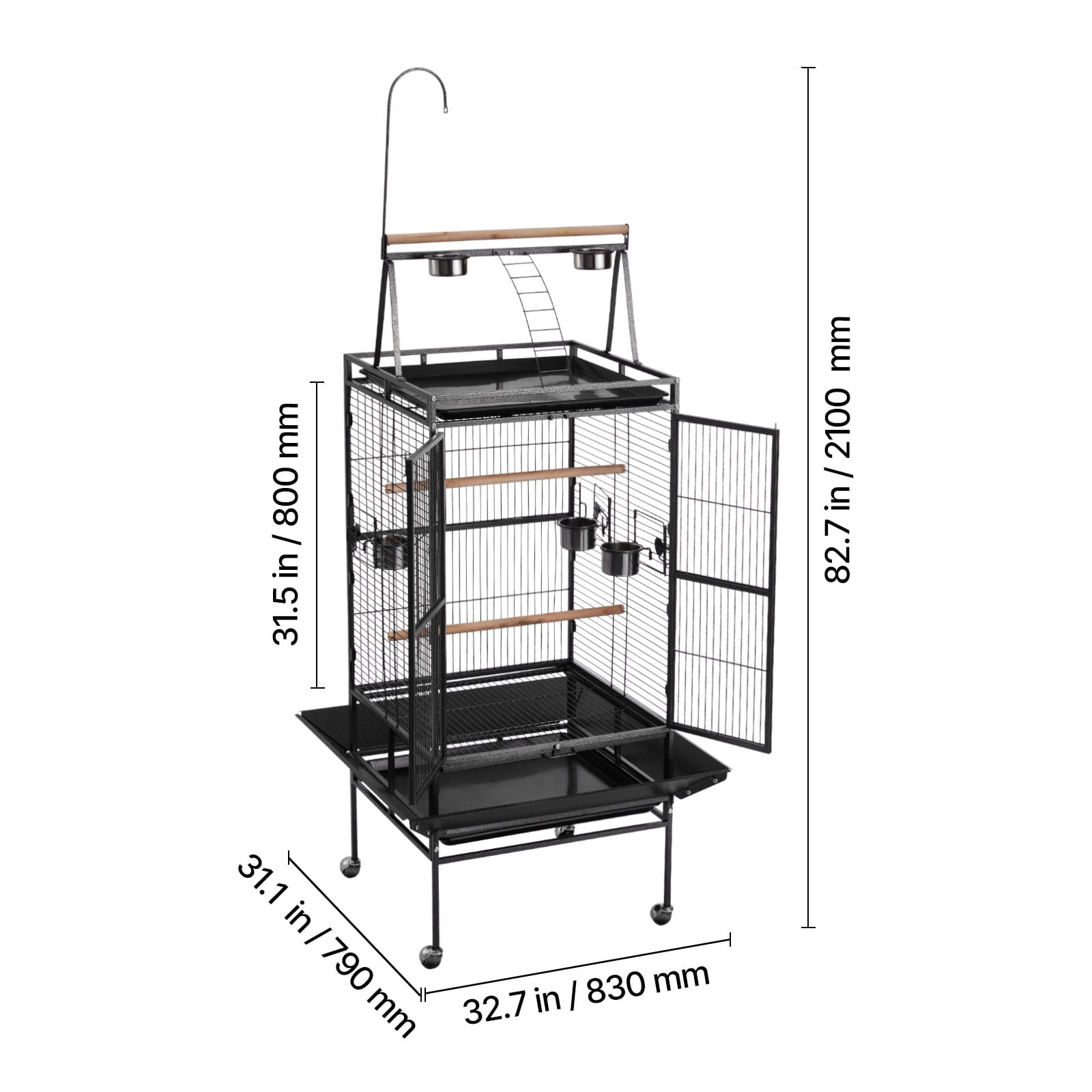 VEVOR Bird Cage, 32.7 x 31.1 x 82.7 inch, Open Flat Top, Wrought Iron Bird Flight Cage with Perches, Slide-Out Tray, Plastic Feeders, for Cockatiel, Monk Parakeet, African Grey Parrot