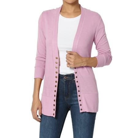 Pink Track Jacket - TheMogan Women's & PLUS Basic Snap Button V-Neck 3/4 Sleeve Knit Cardigan
