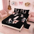 thumbnail image 2 of Erosebridal Black Pink Letter O Floral Bow Print Queen Sheet Sets, Monogram Style Bed Set for Girls, 1 Flat Sheet, 1 Fitted Sheet and 2 Pillowcases, 2 of 6