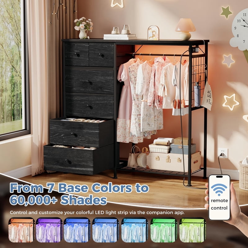 BEAUTYPEAK 6-Drawer Fabric Dresser with Hanging Rack LED Lighting Built-in Charging Station Multi-Purpose Closet, Wood Grain Black