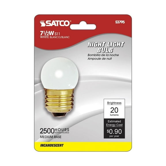 Satco S3795 S11 Mini Incandescent Light Bulbs 7.5 Watt 120V E26 Medium Base Dimmable Gloss White Finish (20 Pack)