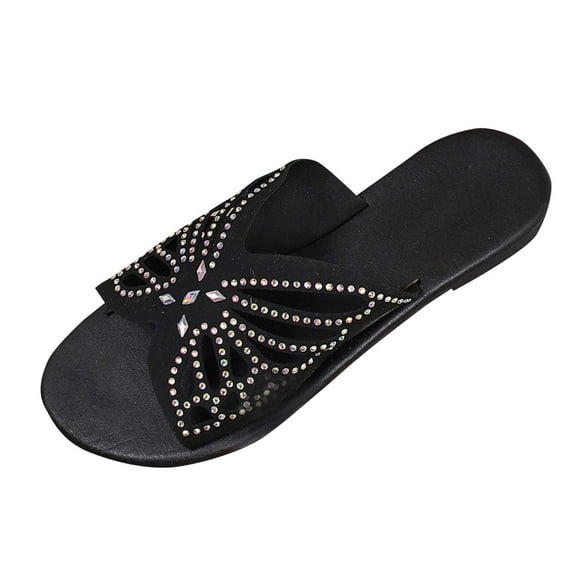 Women's Summer Flat Slide Sandals Open Toe Casual Comfortable Shoes for Beach Vacation Walking Ladies' hollowed-out rhinestone butterfly fashion slippers, rhinestone toe exposed Sandals