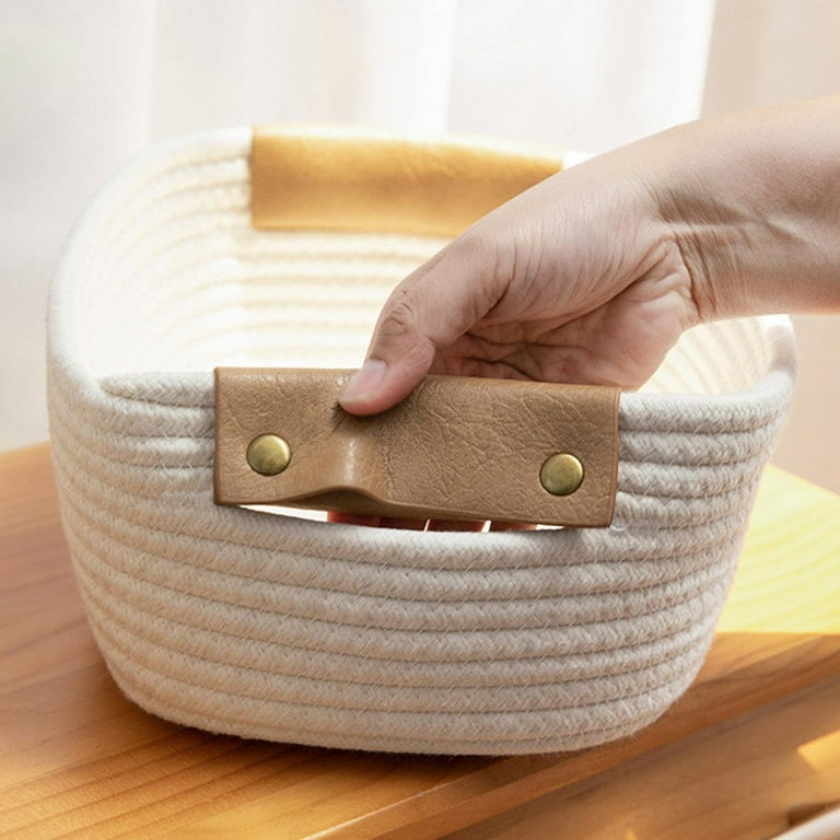 Large Cotton Rope Storage Basket With Leather Handles, White photo 6
