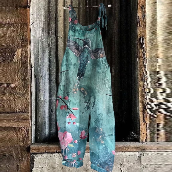 Summer Plus Size Floral Boho Bib Overalls for Women Hippie Jumpsuit Print Spaghetti Strap Rompers Light Blue S