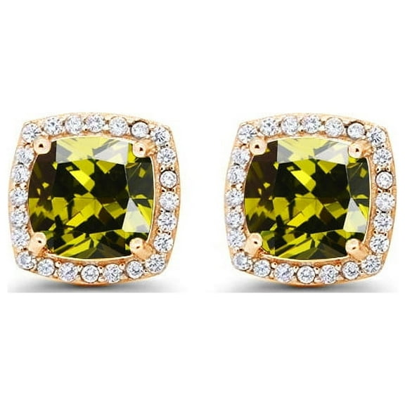Paris Jewelry 18k Yellow Gold 3Ct Created Halo Princess Cut Peridot Stud Earrings Plated