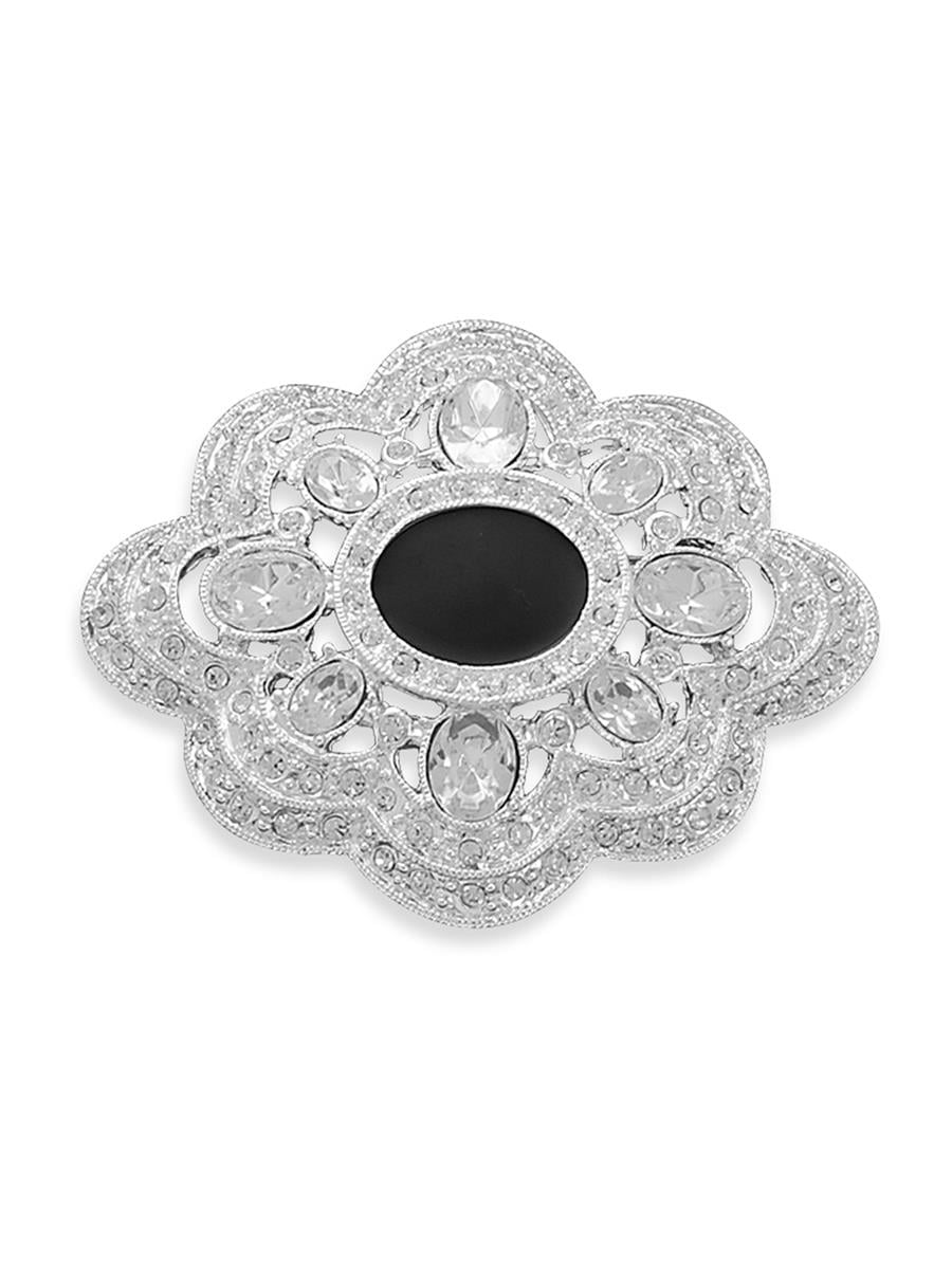 Vintage Chic Antique-look Pin Black Epoxy Silver-plated Accented with Crystals by unknown