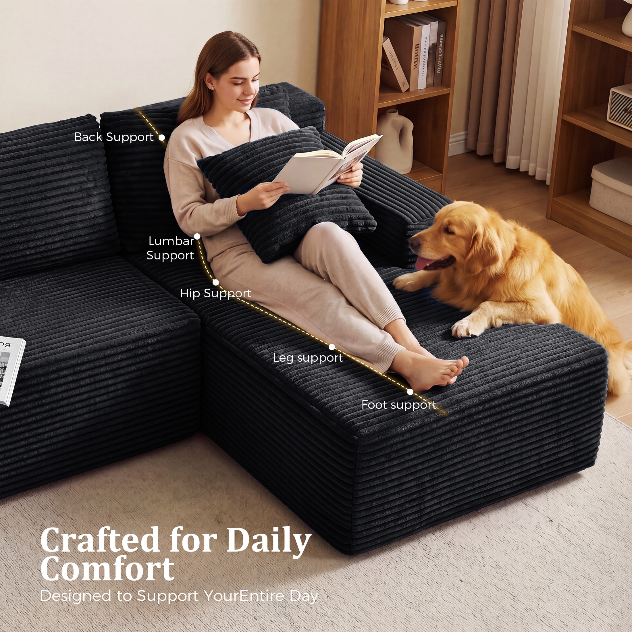 Aenkyo 95 Inch Corduroy L-Shaped Modular Sectional Sofa, Right Chaise, Black