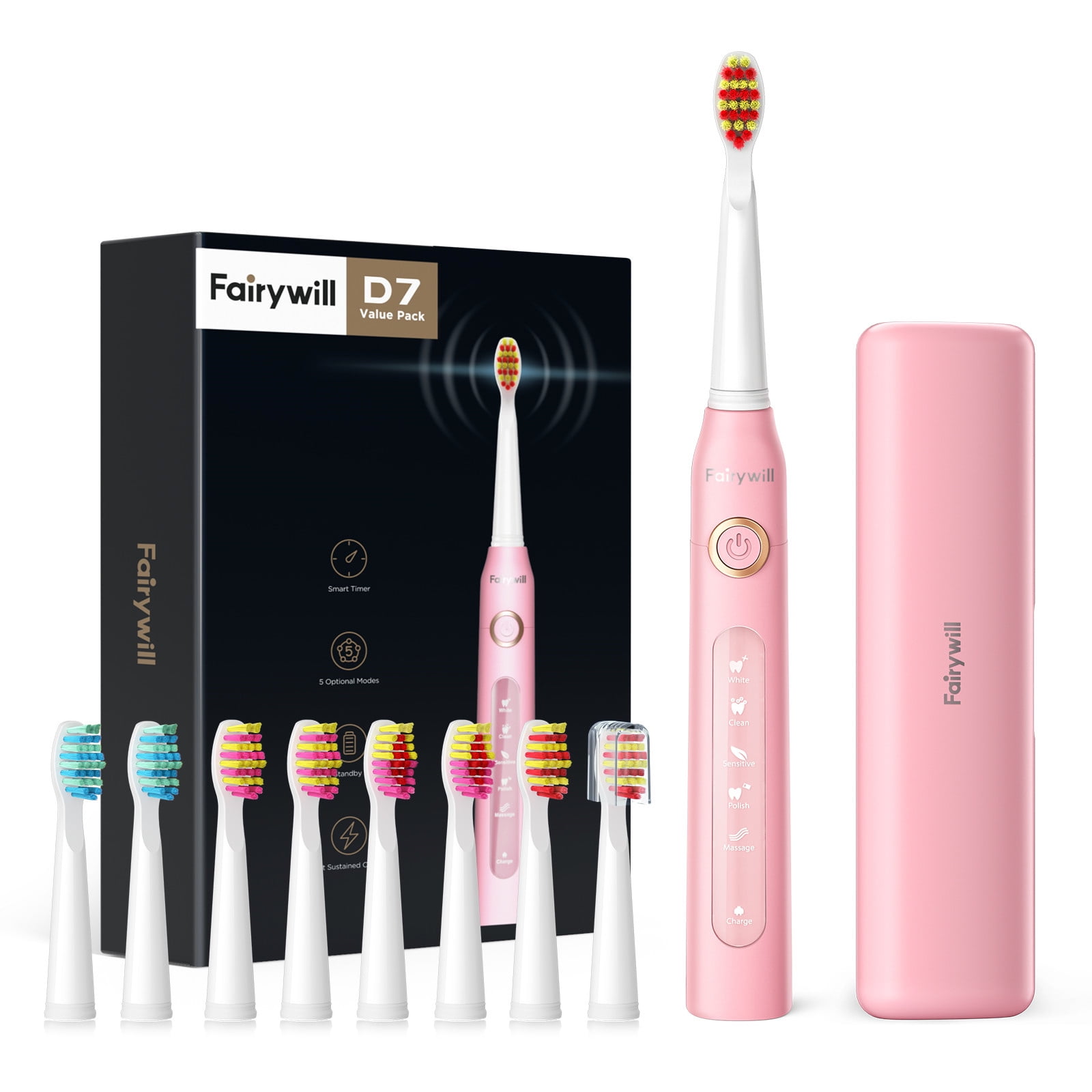 Fairywill Sonic Electric Toothbrushes for Adults, D7 Rechargeable Whitening Sonic Toothbrush with 8 Brush Heads，ADA Accepted，5 Modes, Travel Case, Black