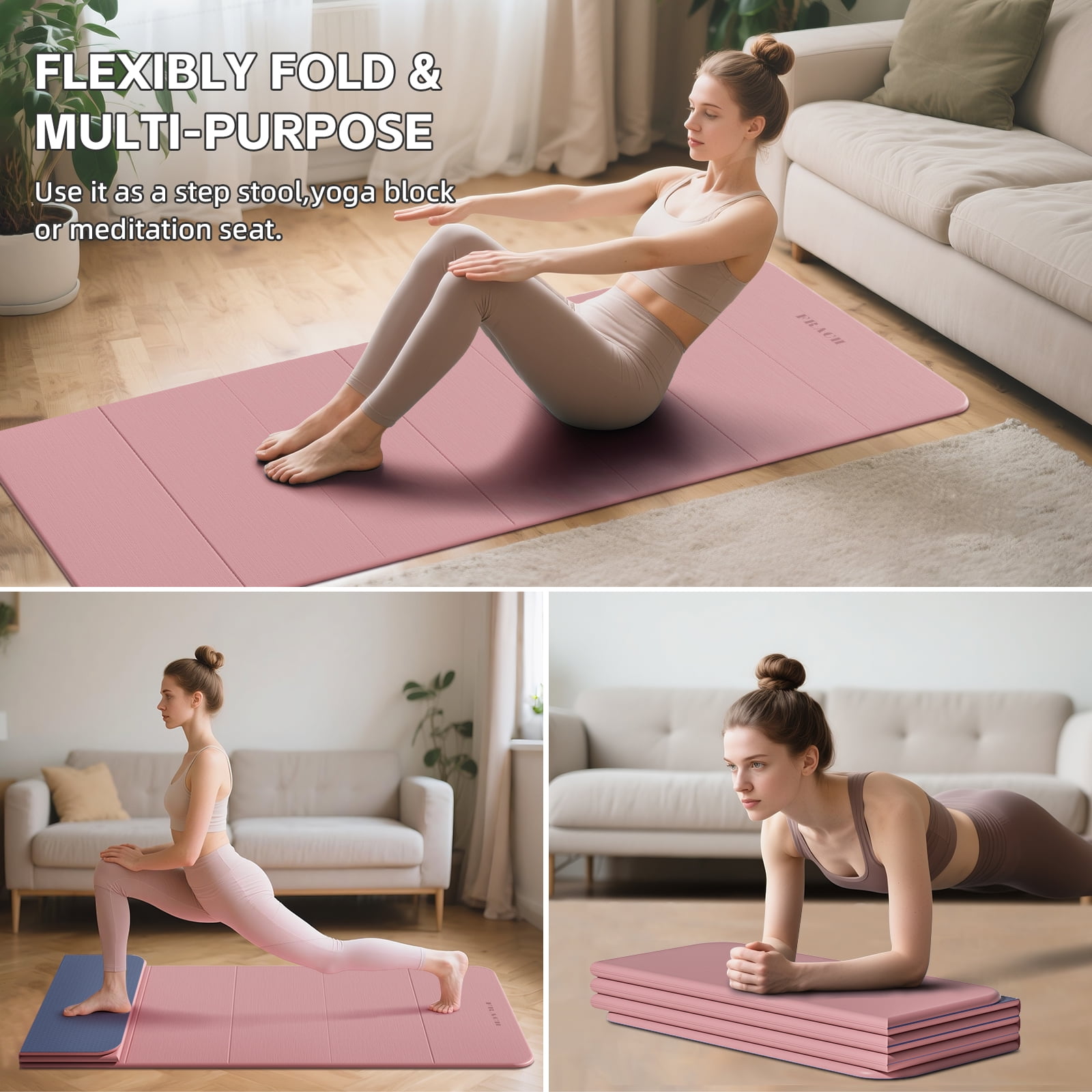 Frach Foldable Yoga Mat Extra Thick 0.5",Non-Toxic Odorless Joint Support for Beginner,Gymnastics Mat for Indoor and Outdoor(Pink+Blue)