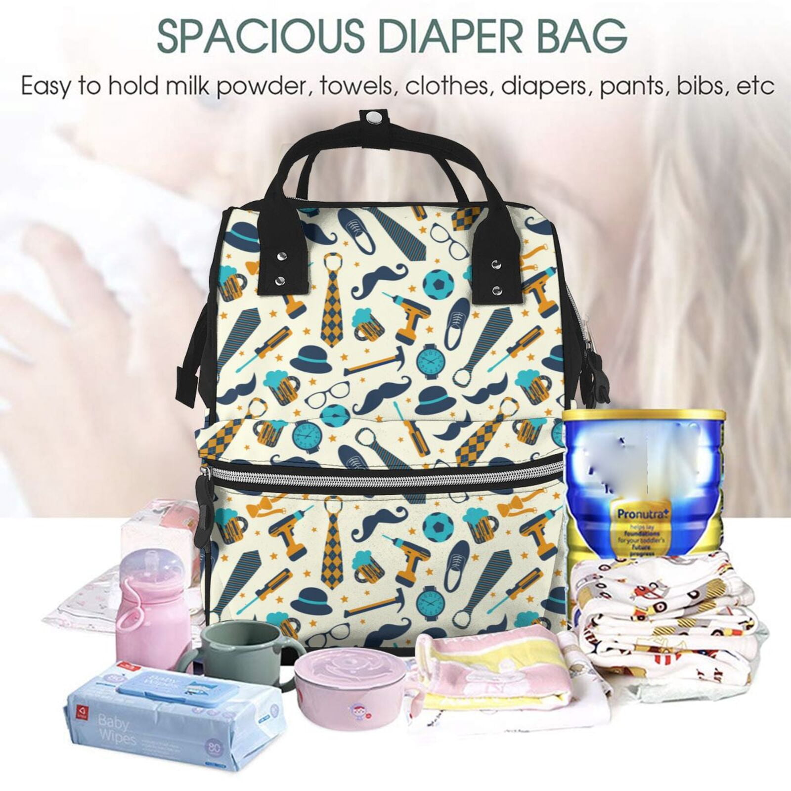 Fuzoiu Fathers day Print Diaper Bag Backpack,Baby Essentials Travel Tote,Multi function Waterproof Diaper Bag, Travel Essentials Baby Bag - Unisex