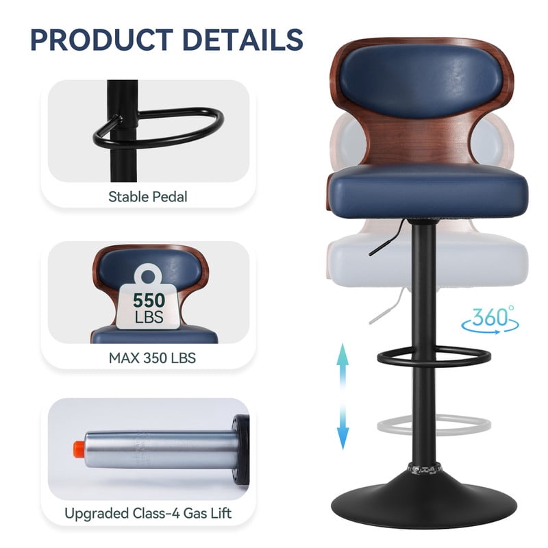 Daluvenix Set of 2 Wooden Swivel Bar Stool with Backrest, Counter Height Bar Chair for Kitchen & Dining Area, Blue