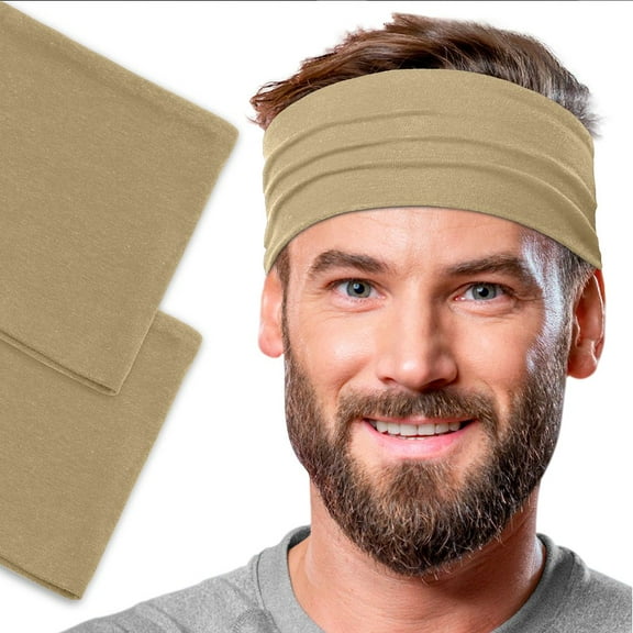 Men's Cotton Headband Sweatband 2-Pack 5" Wide Size Large Yoga Sports Fitness Made in USA Beige