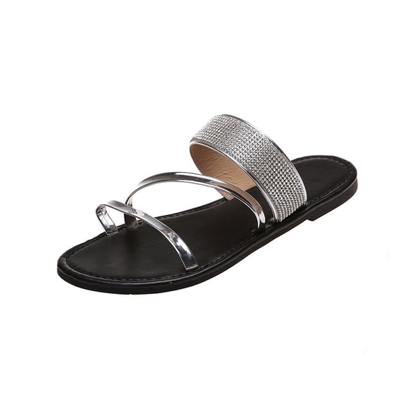 Silver Women'S Flat Slippers Solid Color Rhinestone Round Toe Open Toe Lightweight Non-Slip Breathable Footwear For Spring Summer Daily Wear Size 37
