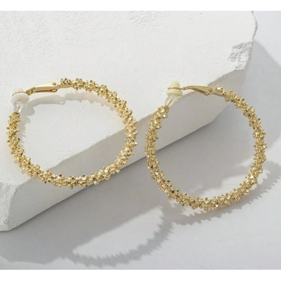 Vintage 2" clip on gold textured hoop earrings