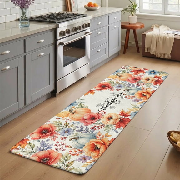 Happy Thanksgiving Washable Runner Rug 3X5 ft Fall Pumpkin Floral Maple Leaf Berry Wreath Non-Slip Hallway Runner Rug, Kitchen Runner Mats, Indoor Floor Carpet for Entryway Bedroom Living Room